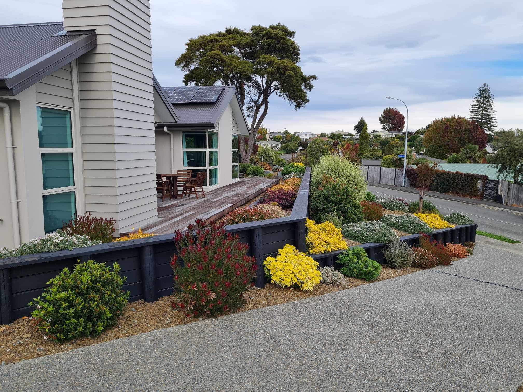 Freshly planted backyard with neat lawn strips and timber edging around new beds